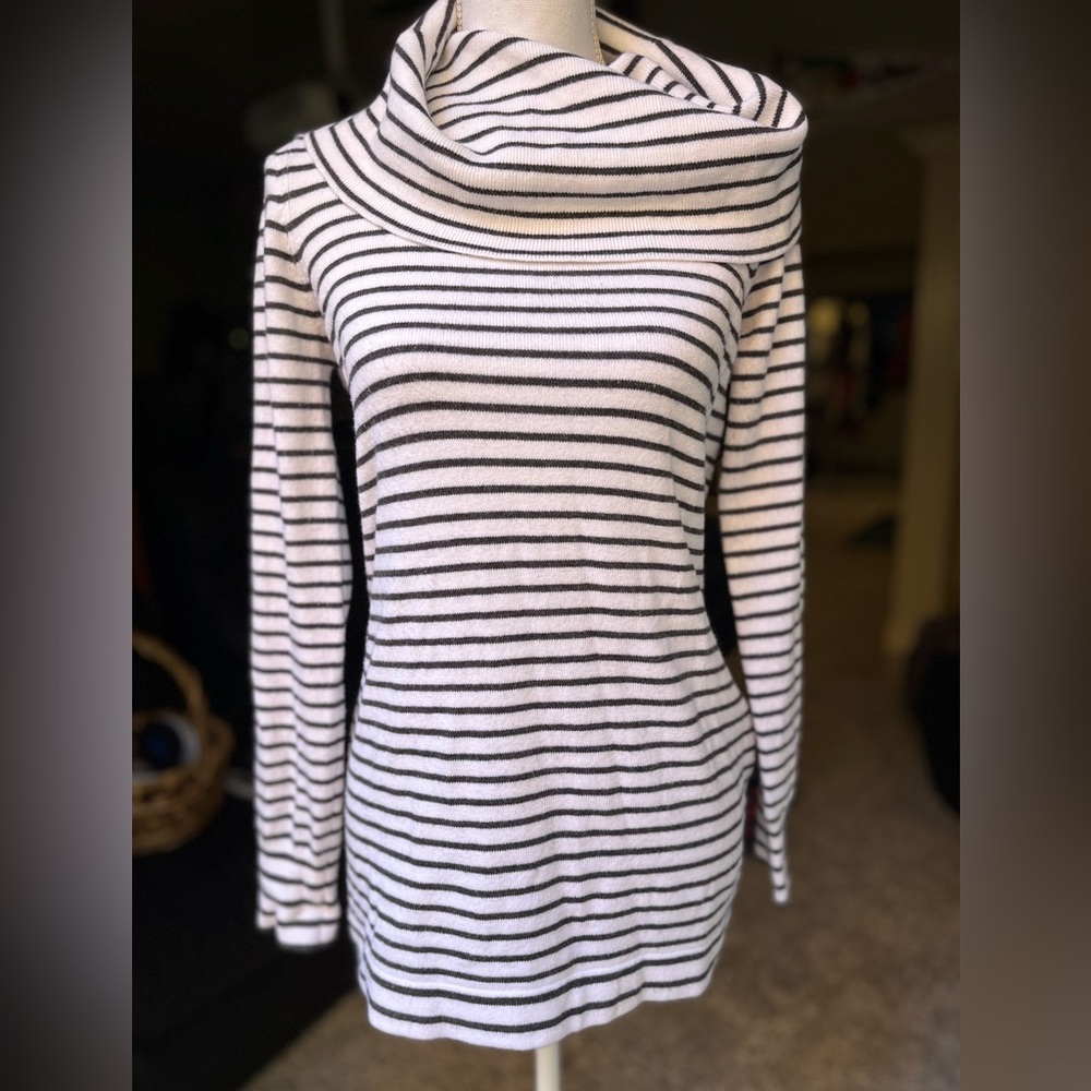 French Connection Black and White Striped Cowl Neck knit Sweater